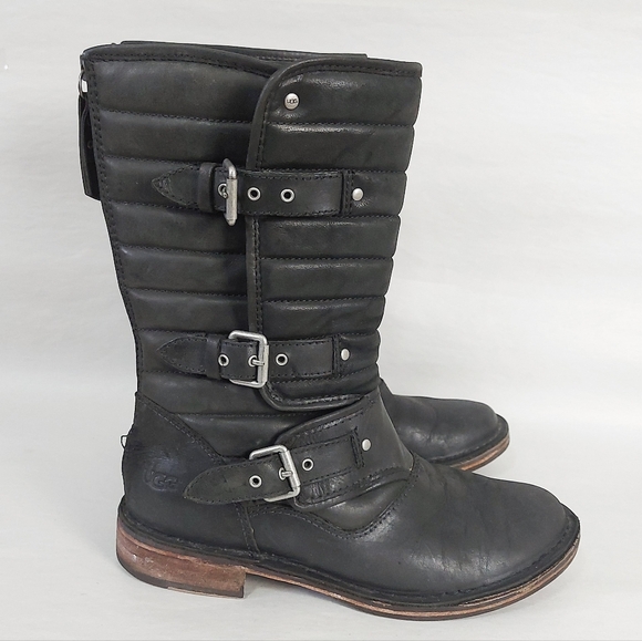 UGG Women Tatum Padded Quilt Buckle Strap Zipup Moto Mid-Calf Boots Size 7 Black - Picture 2 of 13